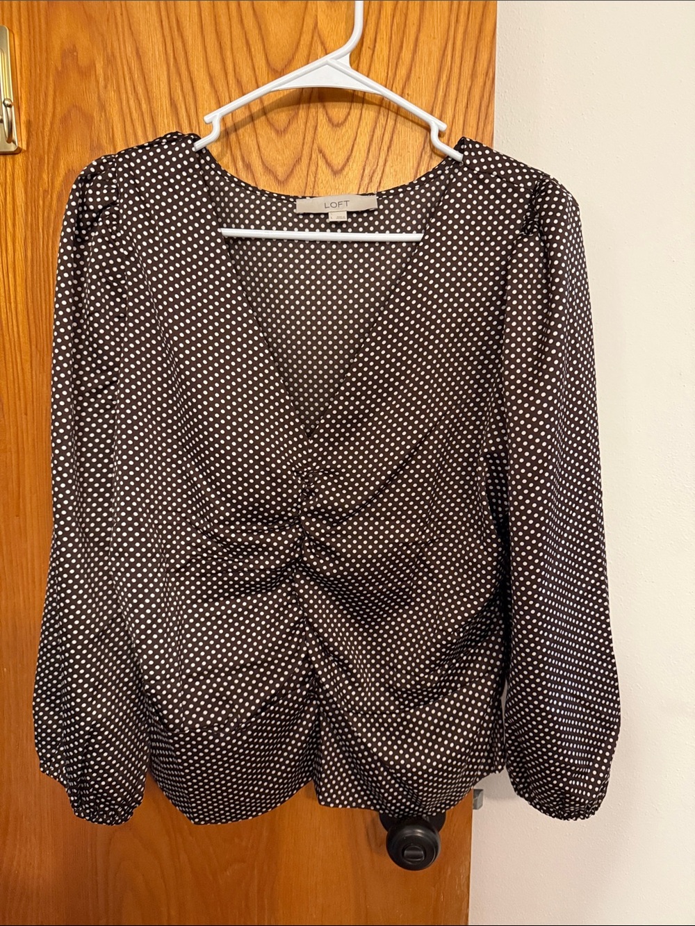 LOFT Brown Polka Dot Long Sleeve V-Neck Top